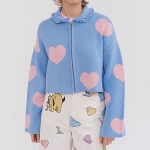 SOLD Lazy Oaf Love Me Forever Zip Up Cardigan with pink and blue hearts Sz M